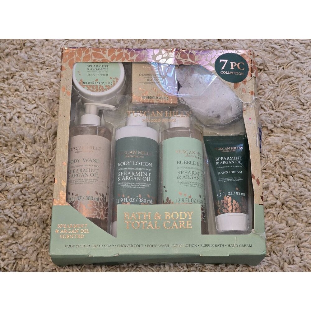 Tuscan Hills 7 Piece Total Bath Body Collection Spearmint Argan Oil Gift Set